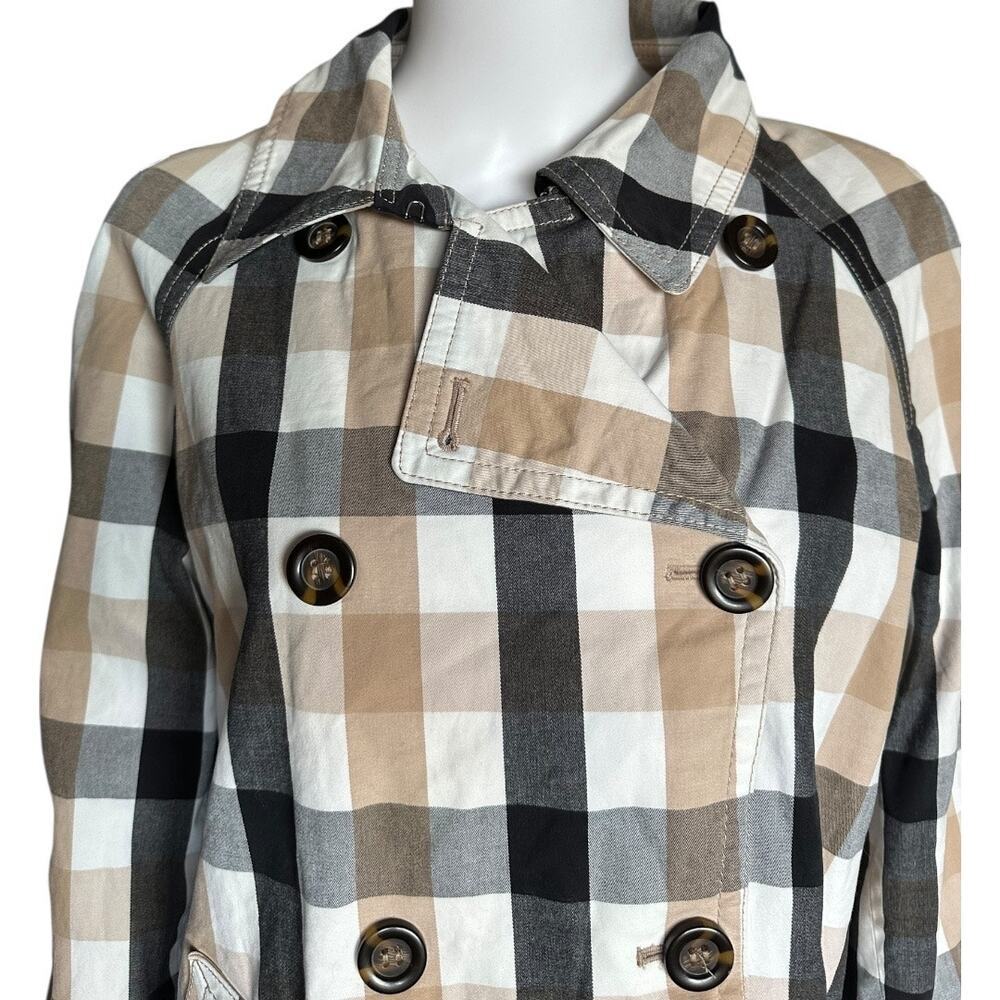 Ann Taylor Medium Weekend Collection tan black cream Plaid Short Trench Coat​ - Picture 9 of 11